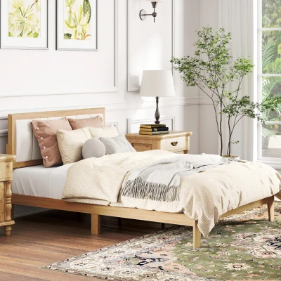 HOMCOM Full Size Platform Bed Frame with Headboard, Oak