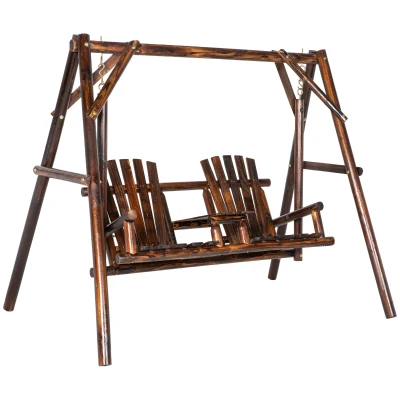 Outsunny Wooden 2-Seat  A-Frame Porch Swing Rustic Patio Bench Outdoor Furniture  w/ Table