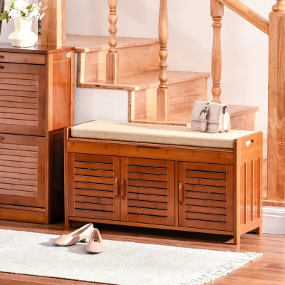 HOMCOM Bamboo Shoe Bench with Storage Cabinets & Cushion, Brown