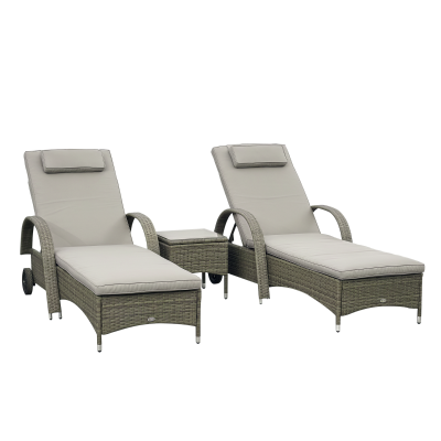 Outsunny Patio Rattan Lounge Set, Wheeled Wicker Chaise Lounge Chair and Table with Tempered Glass Top, Mixed Grey