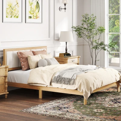 HOMCOM Queen Platform Bed Frame with Headboard, Wooden Slats, Oak