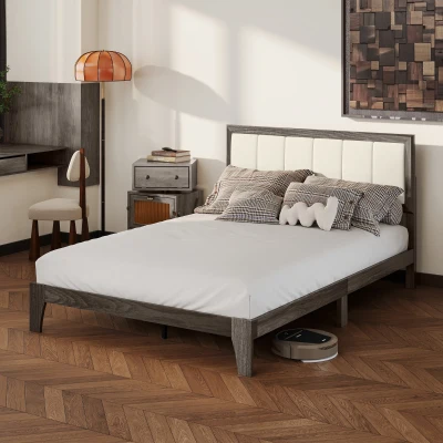 HOMCOM Full Size Platform Bed Frame with Headboard, Walnut