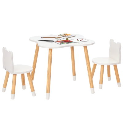 Qaba Kids Wooden Table and 2 Chairs Set Children 3-Piece Dining Table with Cute Bear Shape and Rounded Corners for 1-4 Years Toddler Reading Drawing Playing, White