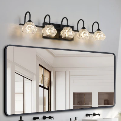 Retro 5-Light Vanity Light Fixture with Crystal Glass Shades, Black