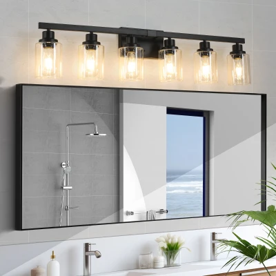 37" Modern 6-Light Bathroom Vanity Light Fixture with Clear Glass Shades, Black