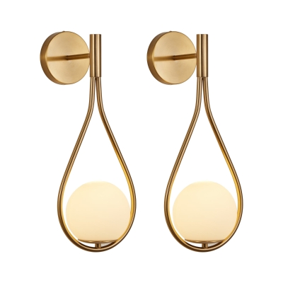Set of 2 Modern Wall Sconces with Opal Glass Globe, Gold