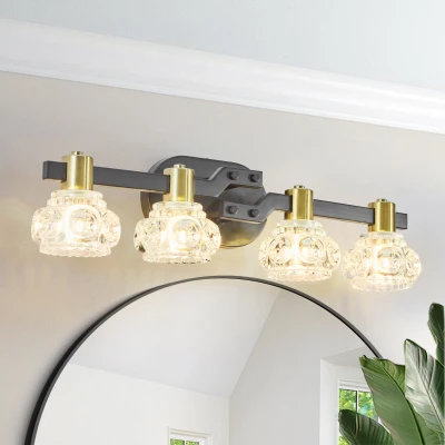 23.5" Vintage 4-Light Wall Sconce with Crystal Shades, Black+Gold
