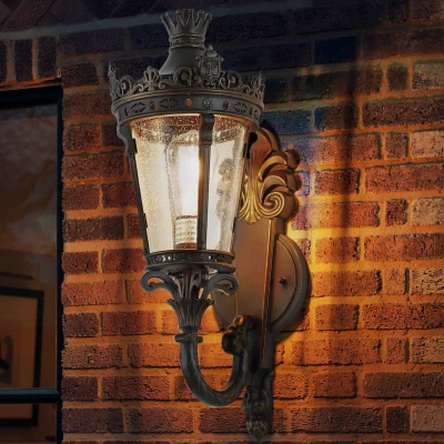 21" Vintage Outdoor Wall Lantern with Crown Top, Coffee+Golden