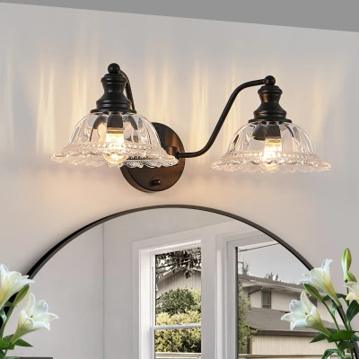 20" Vintage 2-Light Vanity Fixture with Clear Glass Lampshade, Black