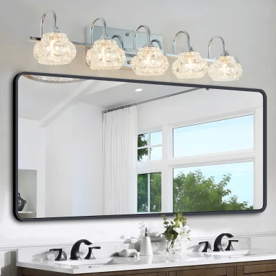 29" Vintage 5-Light Bathroom Mirror Fixture with Clear Glass Shades, Silver