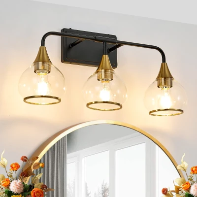 23" Industrial 3-Light Vanity Wall Sconce with Clear Glass Shades, Black+Gold