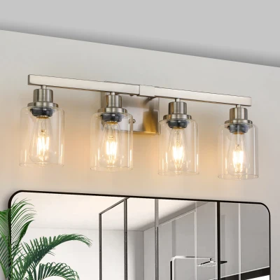 24" Modern 4-Light Bathroom Vanity Light Fixture with Clear Glass Shades, Brushed Nickel