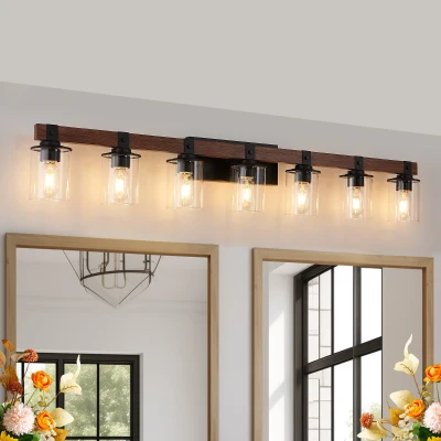 50" 7-Light Vanity Light with Glass Shades, Walnut+Black