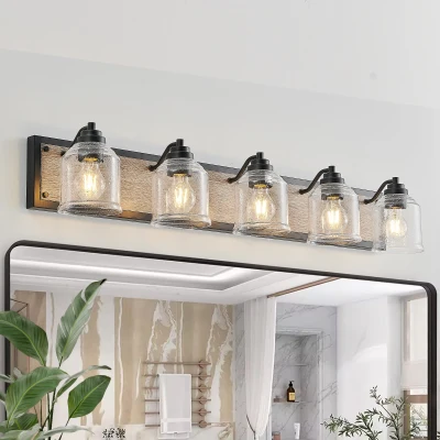 40" Farmhouse 5-Light Bathroom Wall Sconce with Clear Seeded Glass Shades, Black