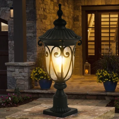 Vintage Outdoor Post Lantern with Bubble Glass, Black