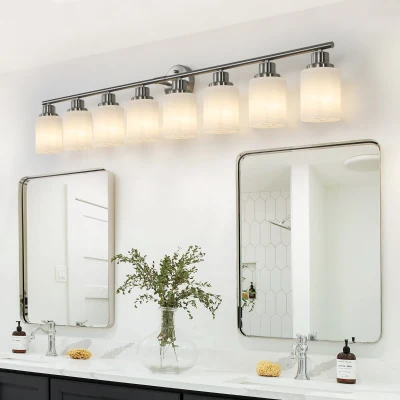 52" 8-Light Vanity Wall Sconce with Frosted Glass Shades, Silver