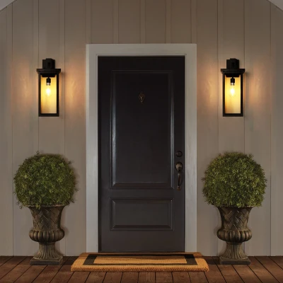 Set of 2 Modern Outdoor Wall Lanterns with Clear Glass, Black