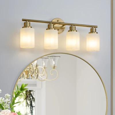 24.5" Modern 4-Light Vanity Wall Sconce with Frosted Glass Shades, Gold
