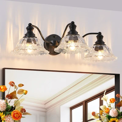 24" Vintage 3-Light Wall Sconce with Clear Glass Lampshades, Black