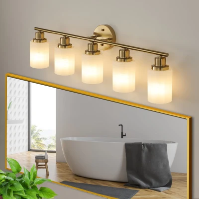 31.5" 5-Light Vanity Wall Sconce with Frosted Glass Shades, Gold