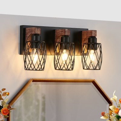 Industrial 3-Light Wall Sconce with Wooden Accents, Walnut+Black