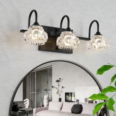 Retro 3-Light Bathroom Wall Sconce with Crystal Glass Shades, Black