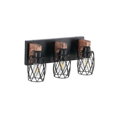 Industrial 3-Light Wall Sconce with Wooden Accents, Walnut+Black