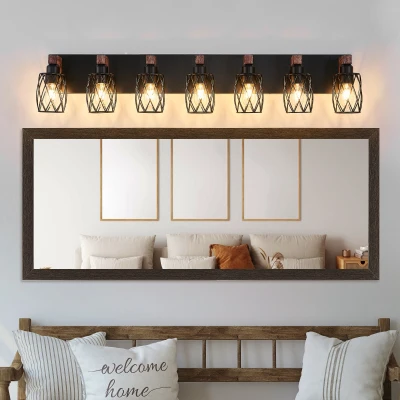 Industrial 7-Light Wall Sconce with Metal Wire Cage Shades, Walnut+Black