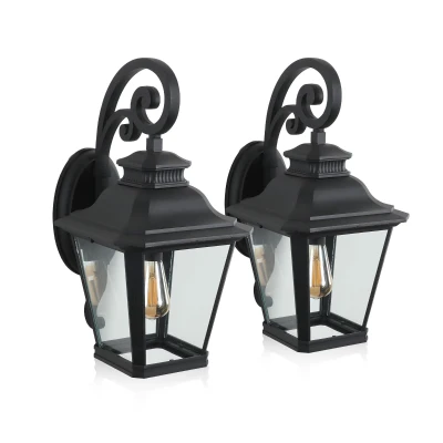14" Outdoor Wall Lanterns 2-Pack with Clear Glass Panels, Black