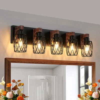 31" Industrial Vintage 5-Light Wall Sconce with Wooden Accents, Walnut+Black