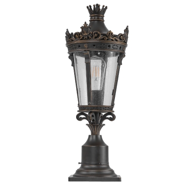 Vintage Crown Outdoor Post Lantern with Clear Glass Shade, Coffee+Golden