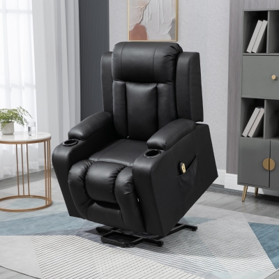 HOMCOM Electric Power Lift Chair for Elderly, PU Leather Recliner Chair with Footrest, Remote Control, Side Pockets and Cup Holders for Living Room, Black