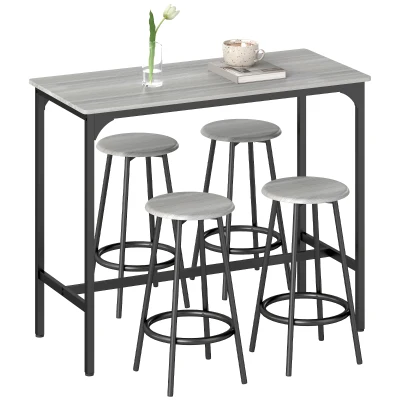 HOMCOM 5-Piece Bar Table Set for 4, Industrial Counter Height Bar Table and Chairs for Kitchen, Dining Room, Grey