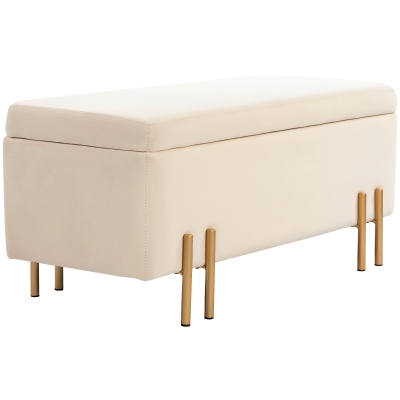 HOMCOM Storage Ottoman Bench, Flip-Top Bedroom Bench, 18.5 Gallons, Modern Velvet Storage Chest with Metal Legs, Beige