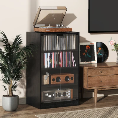 HOMCOM 4-Tier Media Cabinet with Glass Doors, Black