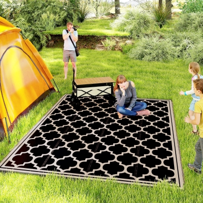 Outsunny 9'x12' Reversible Outdoor RV Rug, Patio Floor Mat, Plastic Straw Rug for Backyard, Deck, Beach, Camping, Black