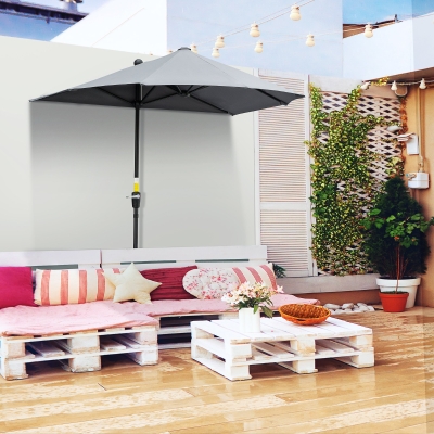 Outsunny 6.6 x 6ft Half Patio Umbrella Outdoor Parasol with Double-Sided Canopy, Crank Handle, Base for Garden, Balcony, Grey