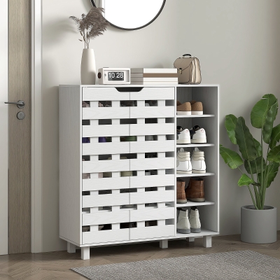 HOMCOM Shoe Cabinet, 21 Pair Shoe Storage Cabinet Organizer with 5-tier Double Door Cupboard and 5-tier Open Shelves, White