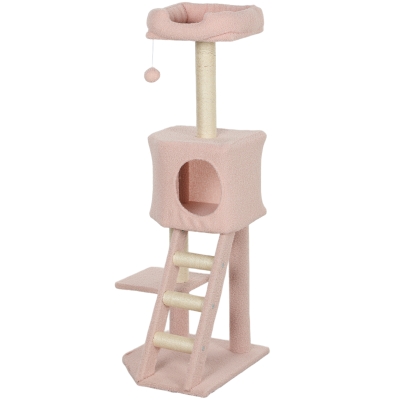 PawHut 47" Tall Cat Tree Tower with Condo, Ladder, Scratching Posts and Hanging Ball, Pink