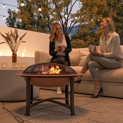 Outsunny 30" Outdoor Fire Pit Bowl, Round Fire Pit with Lid, Log Grate, Poker for Backyard, Camping, Picnic, Bronze