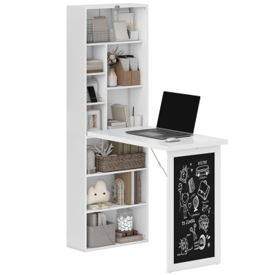 HOMCOM Fold-out Convertible Office Desk, Wall Mount Computer Desk with Blackboard and Side Shelf, White