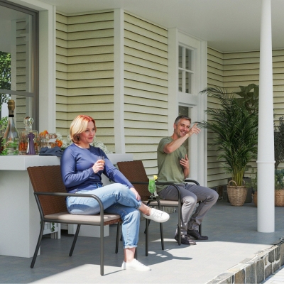 Outsunny 3 Pieces Outdoor Wicker Furniture Set with Soft Cushions Tempered Glass Coffee Table for Garden, Backyard, Khaki