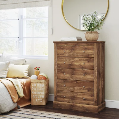 HOMCOM 31" Farmhouse 5-Drawer Chest for Bedroom, Wood Top, Brown