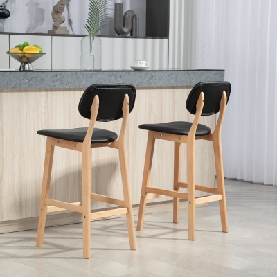 HOMCOM Bar Stools Set of 2, PU Leather Counter Height Barstools, Bar Chairs with Footrest, Solid Wood Legs, Natural and Black