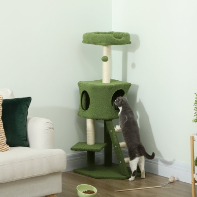 PawHut 47" Tall Cat Tree Tower with Condo, Ladder, Scratching Posts and Hanging Ball, Green