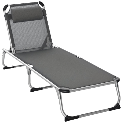 Outsunny Folding Lounge Chair, Patio Lounger with Headrest, 5-Level Adjustable Backrest, and Aluminum Frame, Grey