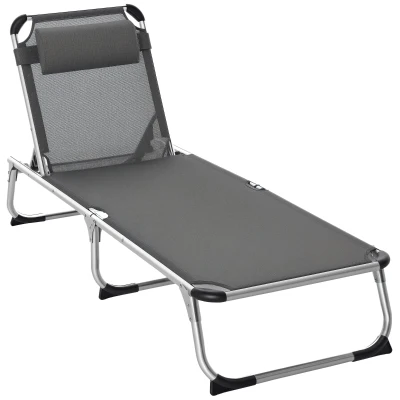 Outsunny Folding Lounge Chair, Patio Lounger with Headrest, 5-Level Adjustable Backrest, and Aluminum Frame, Grey