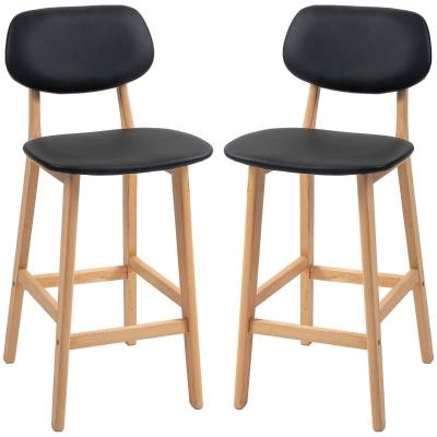HOMCOM Bar Stools Set of 2, PU Leather Counter Height Barstools, Bar Chairs with Footrest, Solid Wood Legs, Natural and Black