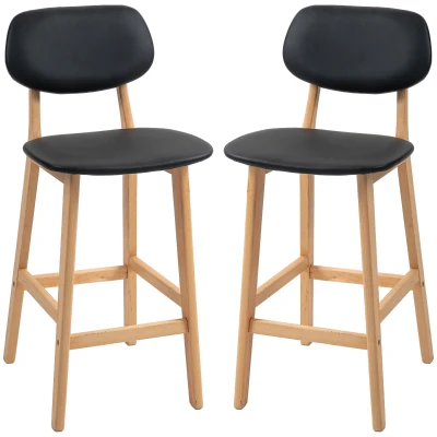 HOMCOM Bar Stools Set of 2, PU Leather Counter Height Barstools, Bar Chairs with Footrest, Solid Wood Legs, Natural and Black