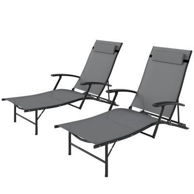 Outsunny Set of 2 Chaise Lounge Chairs, Folding Tanning Chair with Pillow, Outdoor Sun Lounger for Patio, Garden, Beach, Grey